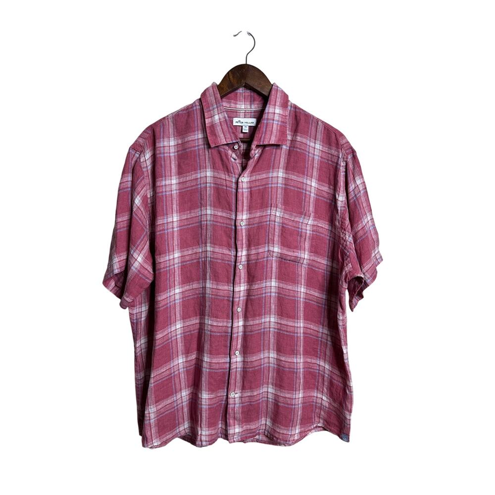 Peter Millar North Shore Linen Plaid Sport Shirt in Fruit Punch size XL